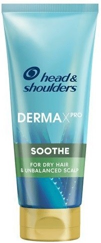 En tub med Head & Shoulders Dermax Pro Soothe för torrt hår och hårbotten, i blått och grönt förpackning.
