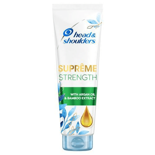 Head & Shoulders schampo med arganolja och bambuextrakt, märkt som Supreme Strength.