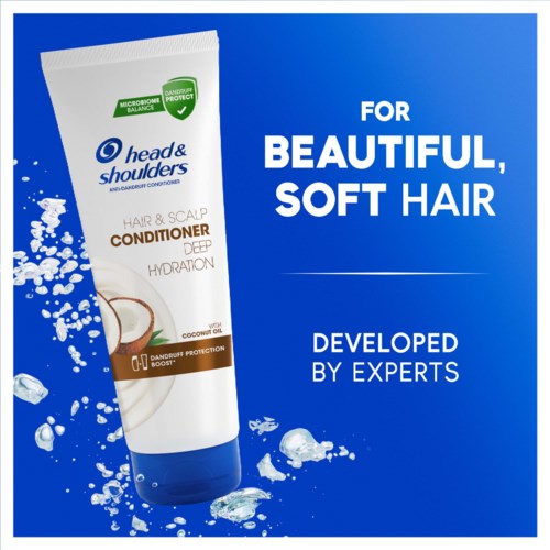 Een haarconditioner buis met blauw-wit verpakkingsontwerp, blauwe achtergrond met tekst over haargezondheid en experts.