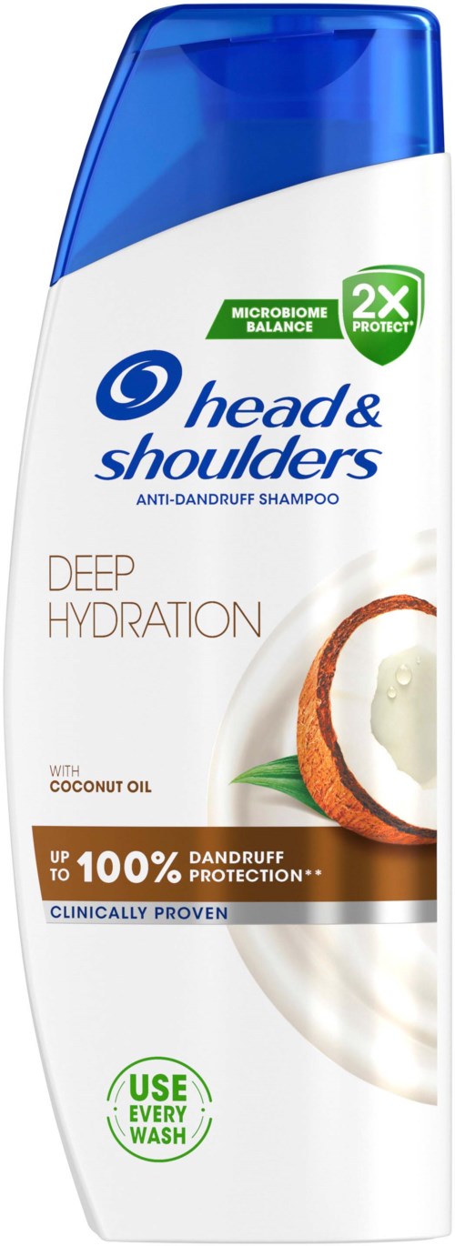 En flaske Head & Shoulders-sjampo med kokosnøttolje, som fremmer dyp hydrering og motvirker flass.