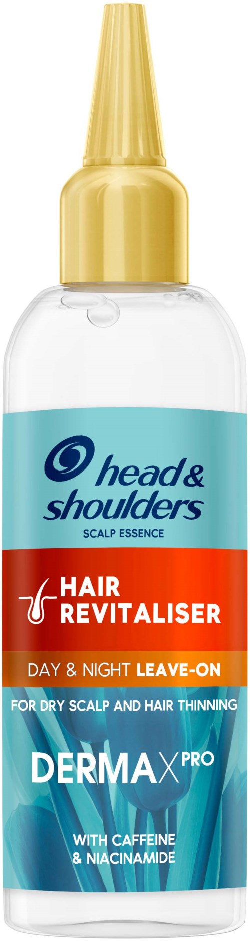 En genomskinlig sprayflaska med gul hals, etiketten säger Head & Shoulders hårrevitaliserare för torr hårbotten.