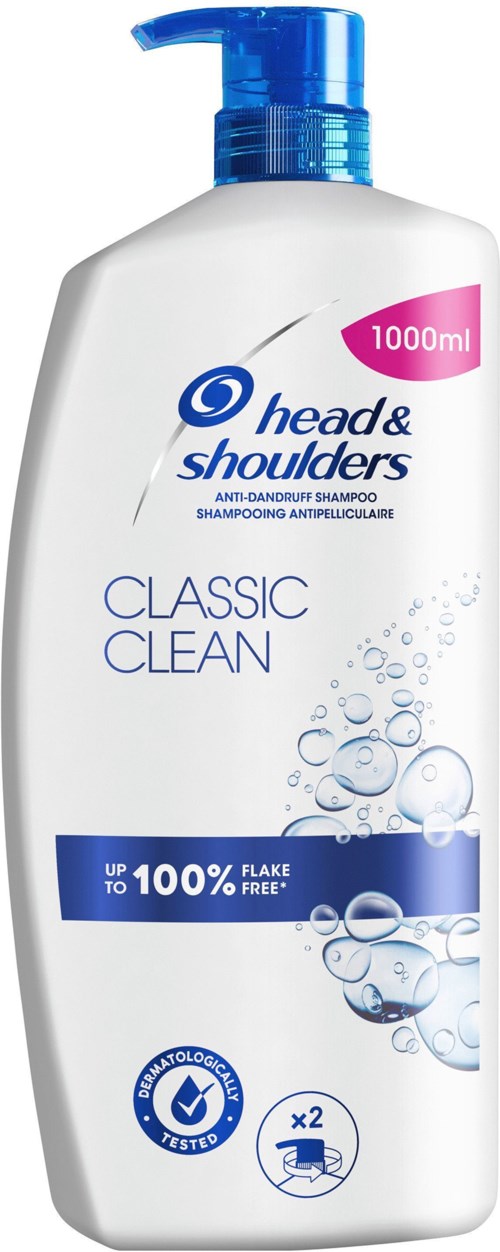 Eine weiße Shampooflasche mit blauer Pumpe, gekennzeichnet Head & Shoulders, 1000ml, anti-schuppen, klassisch sauber.