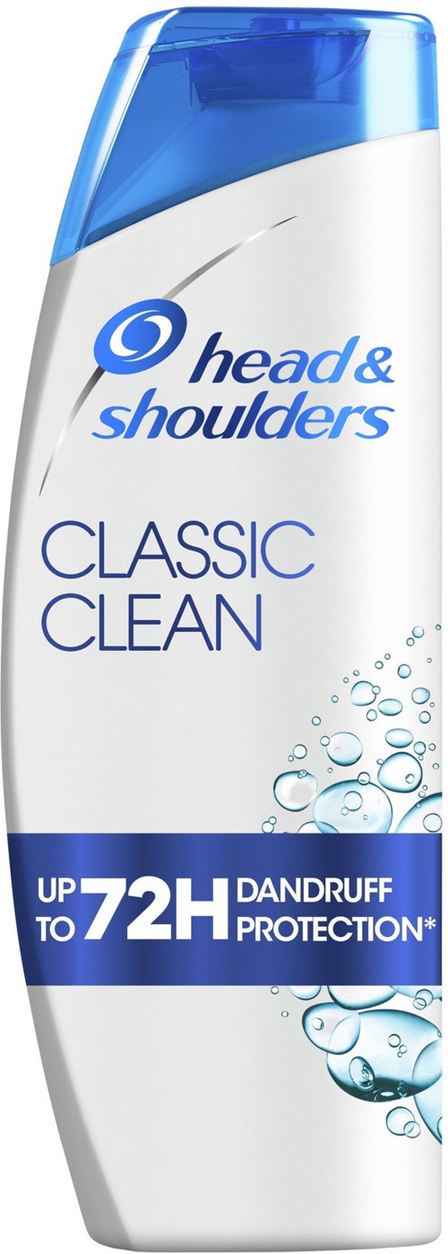 Eine weiße und blaue Flasche von Head & Shoulders Shampoo für Schuppenprotektion bis zu 72 Stunden.