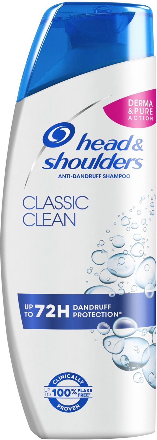 Eine Flasche Head & Shoulders Shampoo gegen Schuppen in Blau- und Weißfarben, mit Schutz bis zu 72 Stunden.
