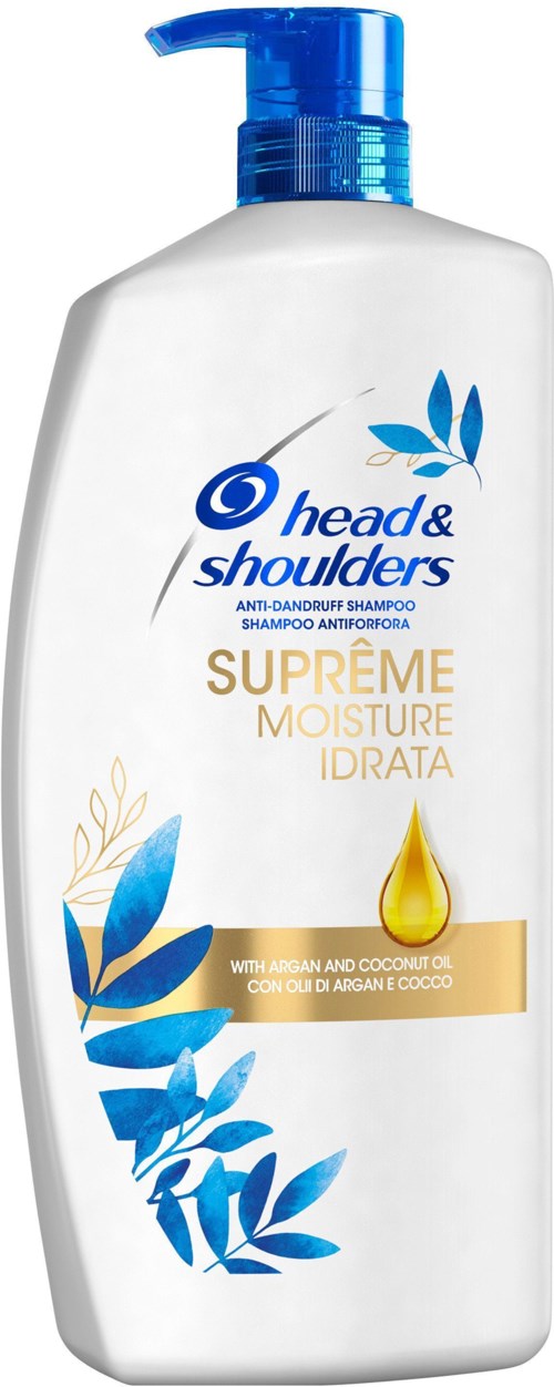En vit flaska med blå pump med Head & Shoulders schampo, märkt 'Supreme Moisture' med blå och guld accenter.