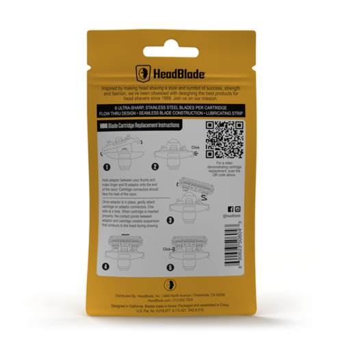 HeadBlade-emballagen viser en gul pose med instruktioner og QR-kode til udskiftningsguide. Det er et produkt til barbermaskiner.