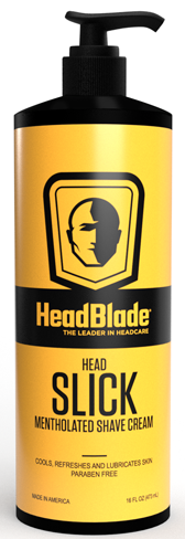 Een gele fles met zwarte pomp met label 'HeadBlade Head Slick' mentholierte scheercrème.