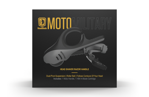 Merklogo en verpakking voor een Moto Military scheermes, met handvat en cartridge zichtbaar op de doos.