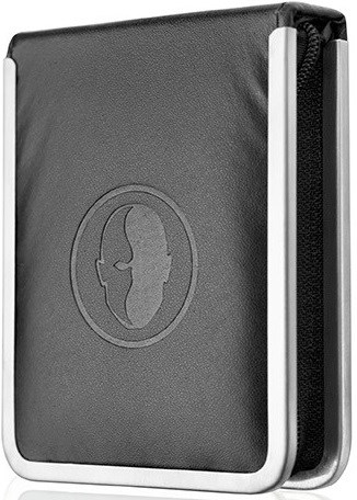 A closed black and gray book with a circular logo on the cover and a silver trim along the edges.