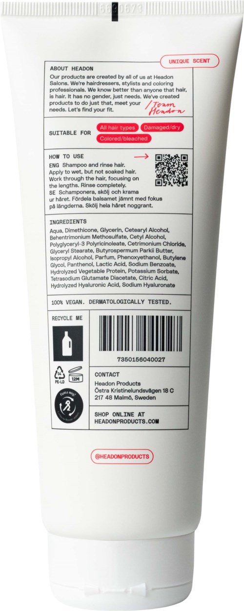 Baksidan av en vit tub med en etikett som visar produktdetaljer, ingredienser, streckkod och återvinningssymboler.