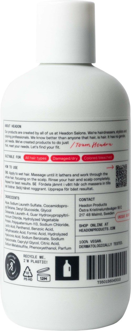 En vit flaska med en etikett som visar instruktioner, varningar, ingredienser och återvinningsinformation.