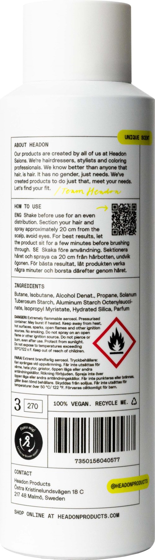 Eine lange weiße Flasche mit Etikett, Text und Brandsymbol.