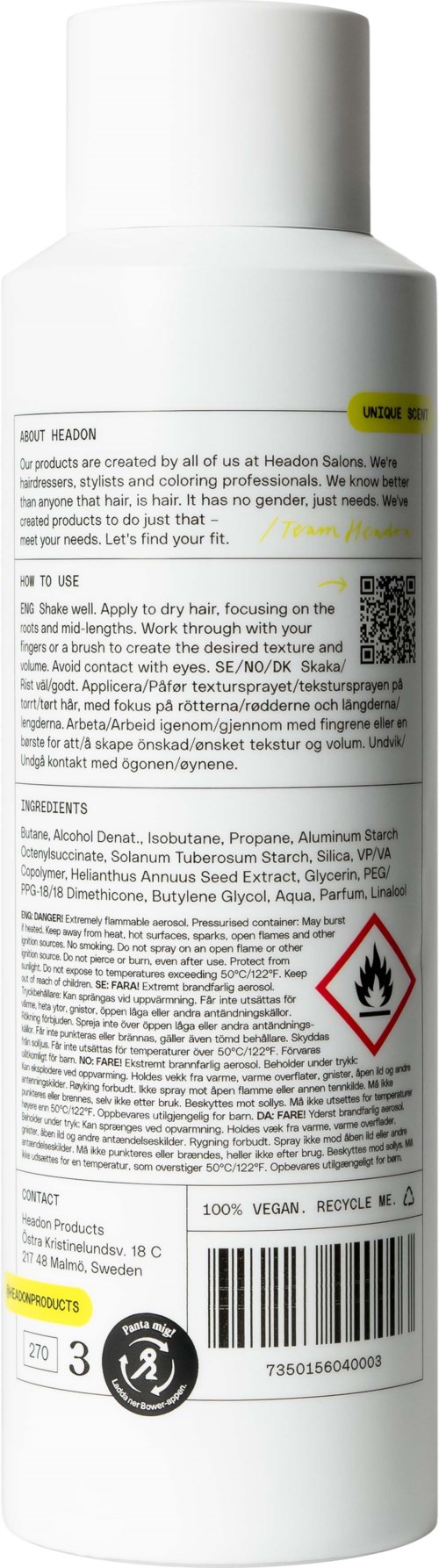 En vit flaska med mycket text, varningssymbol för brännbart, och några gula etiketter.
