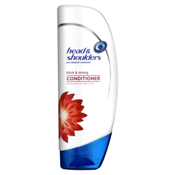 En vit flaska med Head & Shoulders balsam, med en röd blomma och blå detaljer.