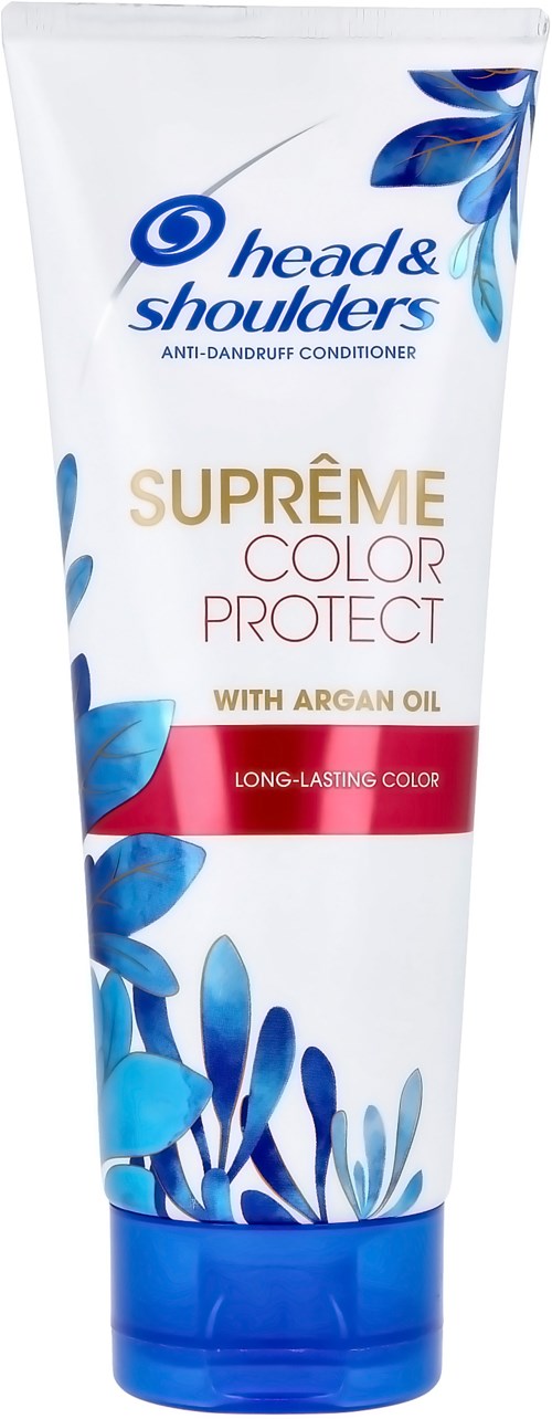En hvit tube med blå og rød design, viser Head & Shoulders logo og tekst om sjampo for fargebeskyttelse.