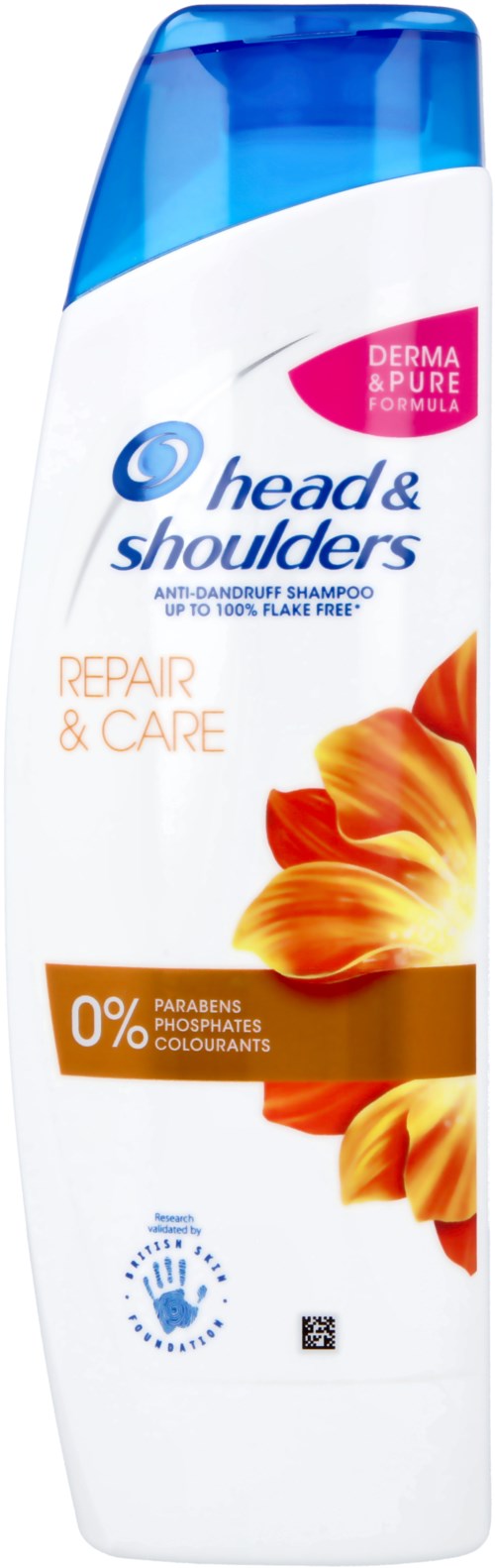 Butelka szamponu Head & Shoulders przeciwłupieżowego z pomarańczowym kwiatowym wzorem i niebieską zakrętką.