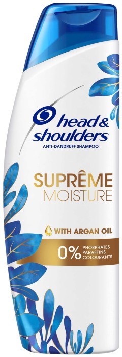 Head & Shoulders sjampo flaske med blå og hvit design, arganolje og fuktighetskrav.