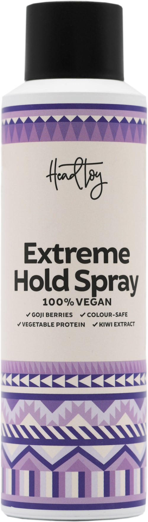 En vit flaska med svart lock märkt 'Extreme Hold Spray' av Heartfy, dekorerad med lila geometriska mönster.