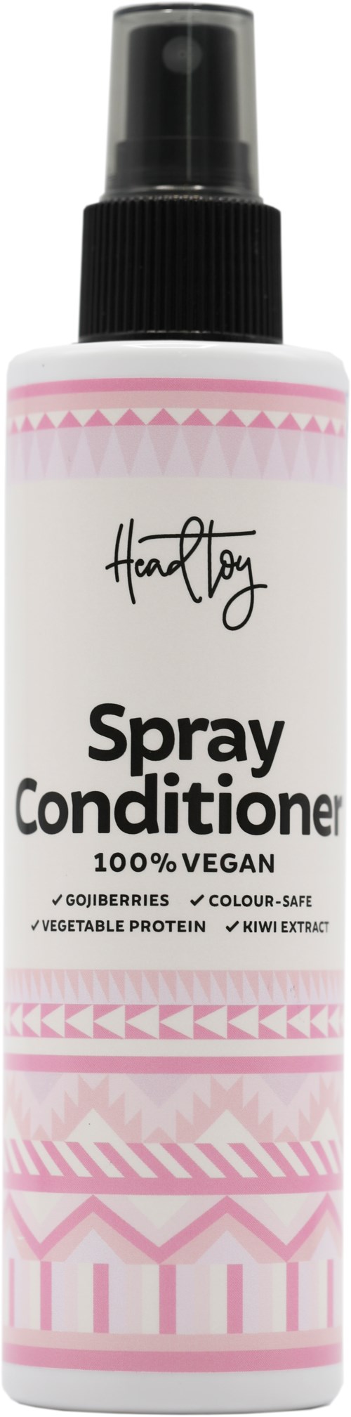 En vit sprayflaska märkt 'Heartly Spray Conditioner' med rosa mönster, vegansk och gjord med naturliga ingredienser.