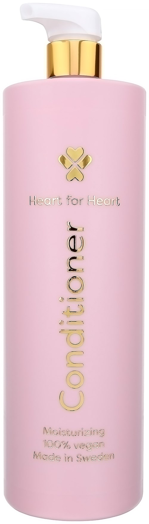 Rosa balsamflaske med gullkapsel, Heart for Heart-logo og tekst om fuktighetsgivende laget i Sverige.