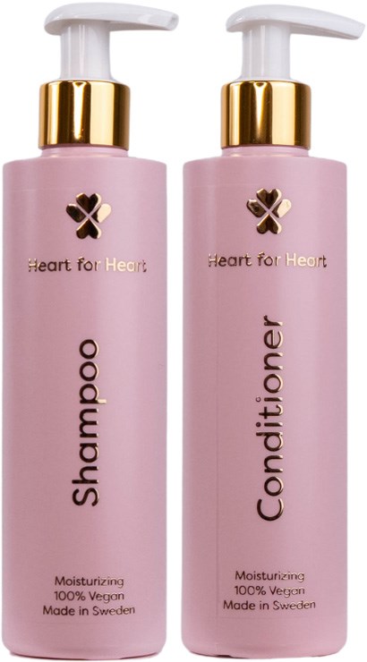 Twee roze flessen met gouden doppen, shampoo en conditioner, gemaakt in Zweden, veganistisch, hydraterend.