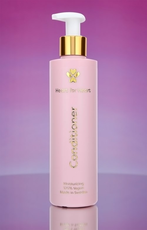 En rosa flaske med gyllent lokk og pumpe, merket 'Heart for Heart' og 'Cosmeticner'.