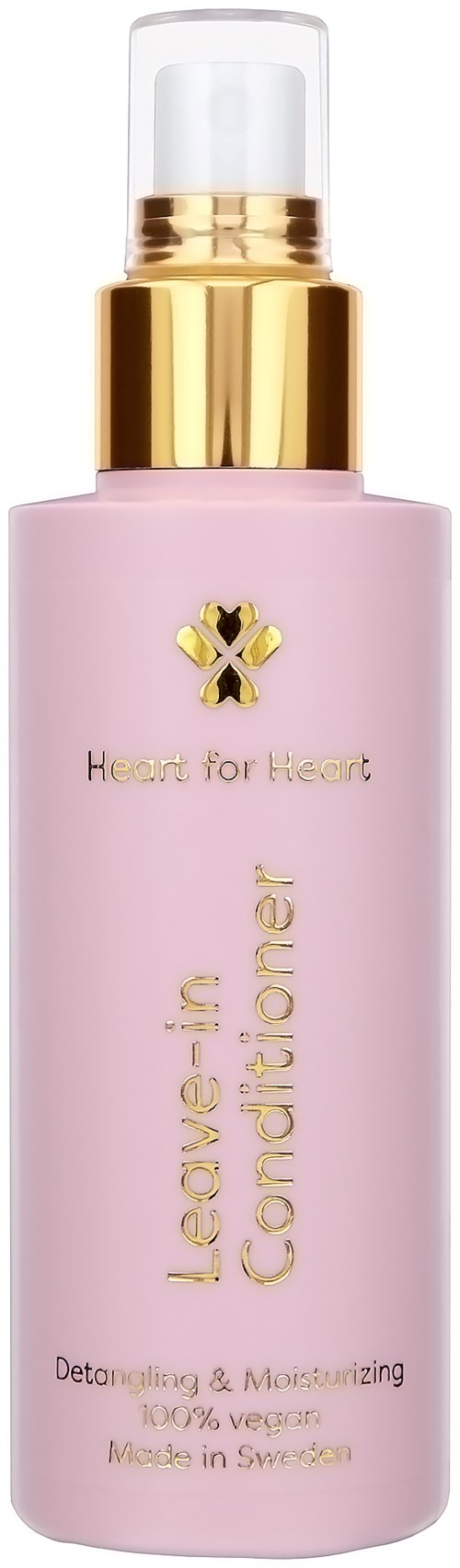 Pink bottle with gold pump and logo, labeled "Leave-in Conditioner" for detangling and moisturizing hair.