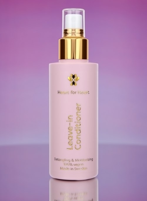 A pink spray bottle labeled as leave-in conditioner, with a gold cap and a clear cap on top, against a purple background.