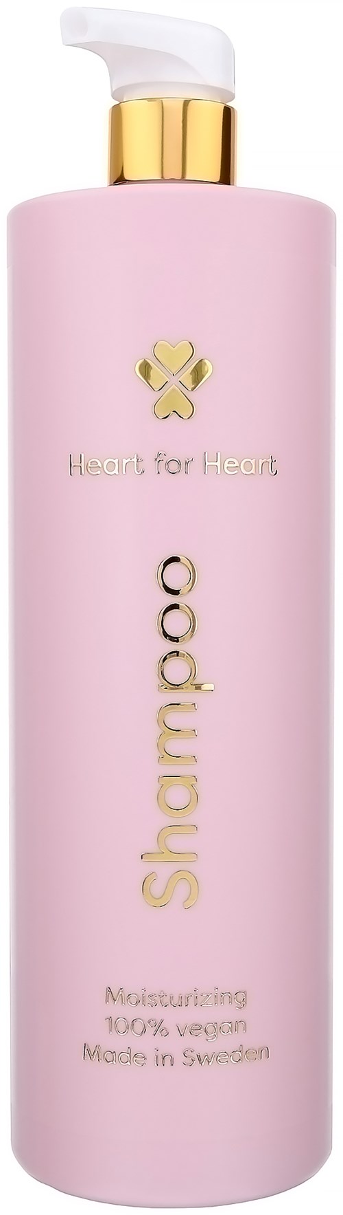 Lyse rosa sjampo flaske med hvit hetten og gull detaljer, merket "Shampoo" og "Heart for Heart."