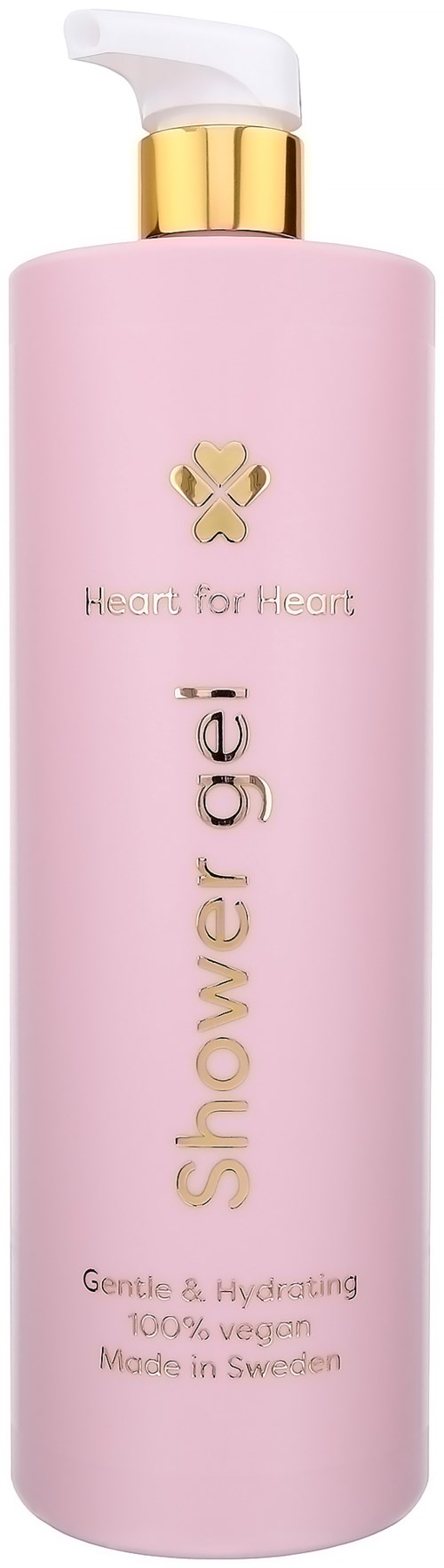 Rosa dusjsåpeflaske med gullokk, merket "Heart for Heart," mild og fuktighetsgivende, laget i Sverige.