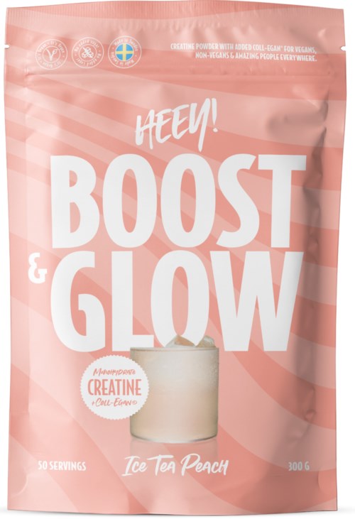 rosa pulverpåse med stor vit text som säger "Hey! Boost & Glow" och en liten bild av en krämburk.