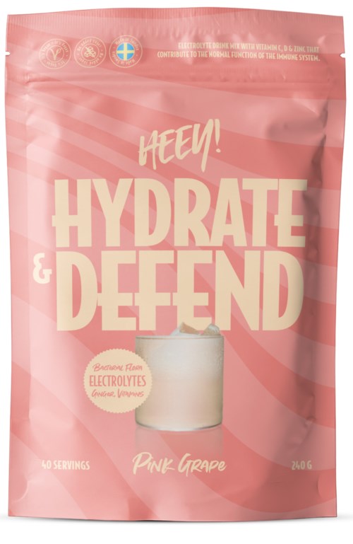 Pink pose med stor tekst 'Hydrate & Defend' og et glas med en pink drik.
