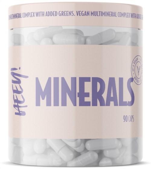 Veganinen kivennäisainevalmiste, vihreitä ainesosia, valkoisessa pullossa, jossa on teksti "MINERALS" ja 