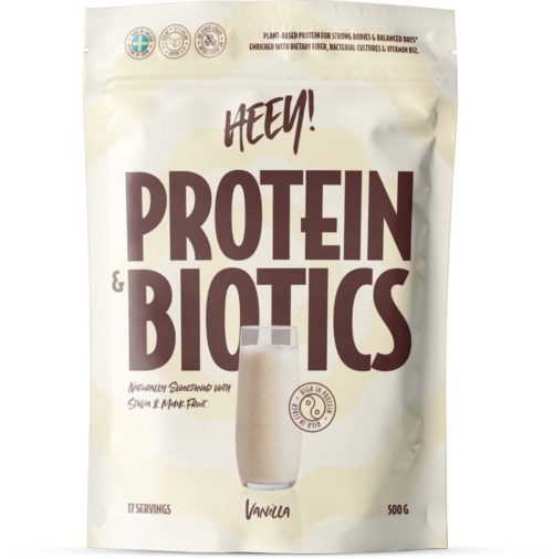 Verpackung für Protein- und Biotikapulver mit Vanillegeschmack, 500 g, mit pflanzlichen und laktosefreien Symbolen.