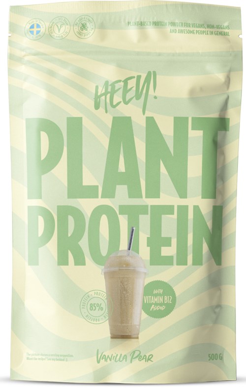 Grön och vit påse med växtbaserat proteinpulver, vaniljpearlsmak, med smoothieglas, hälsomärken och text.