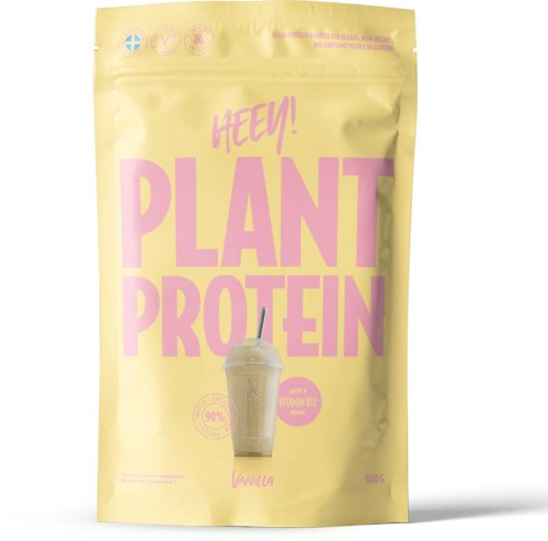 Ljusgul påse med rosa text som säger 'Plant Protein' och en bild av en smoothie med sugrör.
