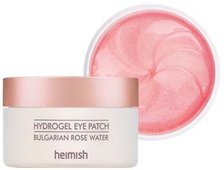 A jar with a pink lid and pink gel inside, labeled 'Hydrogel Eye Patch' with Bulgarian Rose Water.