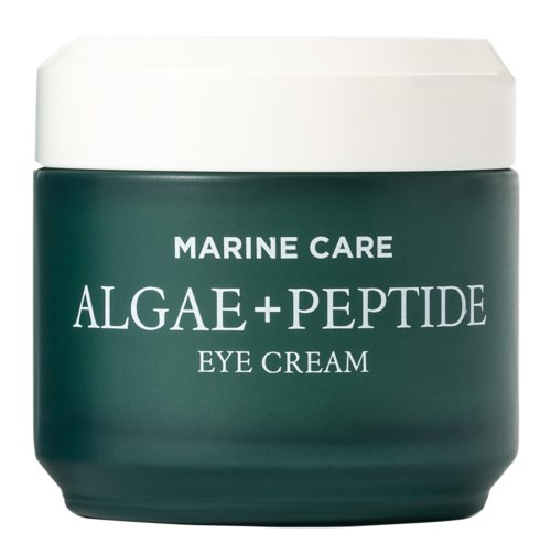 A green jar of Marine Care Algae + Peptide Eye Cream with a white lid.