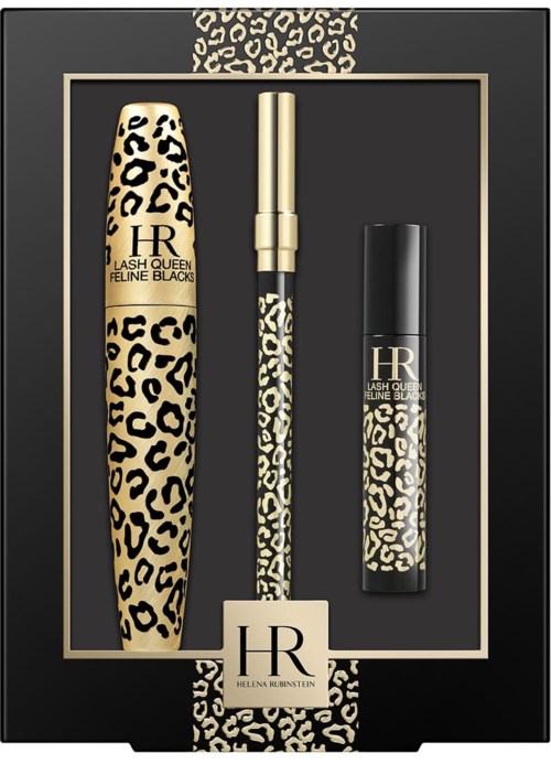 Et makeup-sæt med leopardmønster indeholder mascara, eyeliner og læbestift i sort og guld emballage.