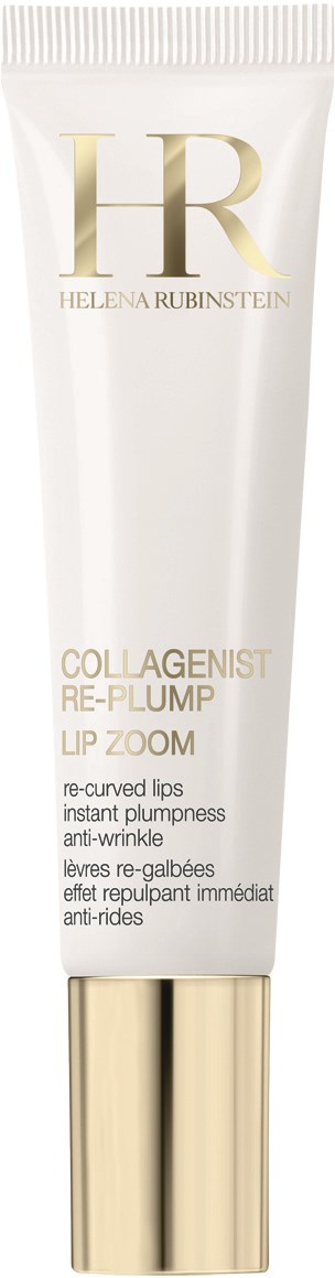 A white tube of Helena Rubinstein Collagenist Re-Plump Lip Zoom with gold accents. Text includes product name and benefits.