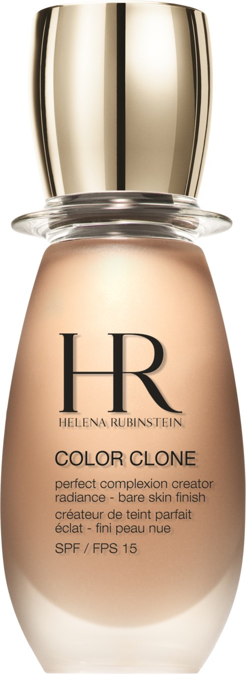 Een beige nagellakfles met zwarte tekst en een glanzende gouden dop. Logo toont 'HR' en merknaam Helena Rubinstein.
