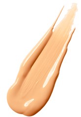 Een beige gekleurde vloeistof met een gladde, romige textuur, uitgesmeerd als een teststuk.