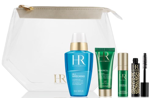Ett set av Helena Rubinstein hudvårdsprodukter framför en genomskinlig reseväska, inklusive mascara, kräm och lotion.