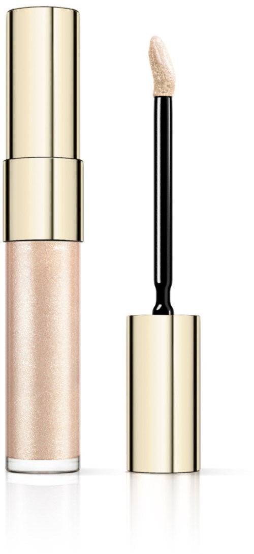 En beige flytande makeup i en genomskinlig flaska med guldlock och en applikator.
