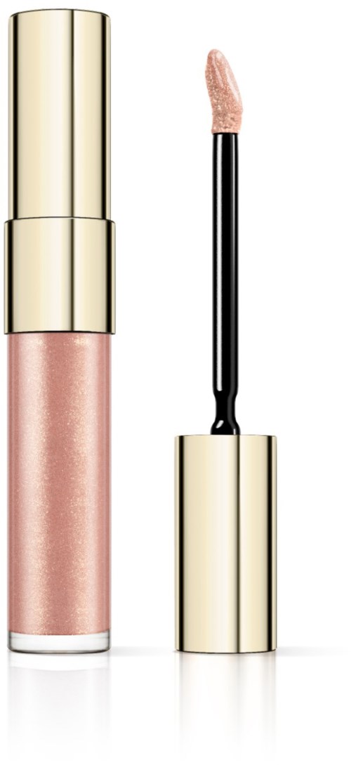 En läppglansflaska med guldkapsel och applikatorstift som visar ljusrosa gloss.