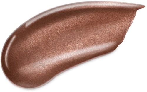 En liten charmig, glittrande, ljusbrun makeupdyna med form av kurva och spetsig ände.