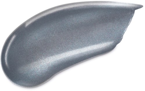 Ett silver ögonskuggaprodukt i form av ett böjt, förlängt märke med glänsande, metallisk yta.