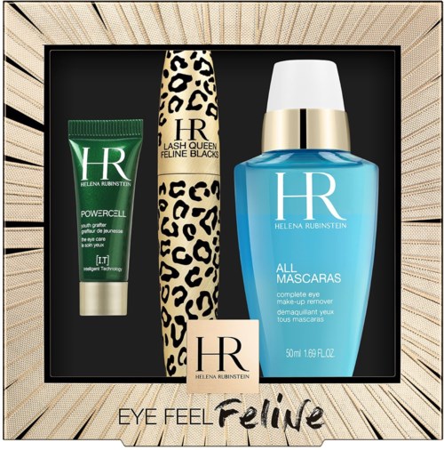 En hudplejesæt med en grøn creme, leopardprint mascara og blå øjenmakeupfjerner i en æske.