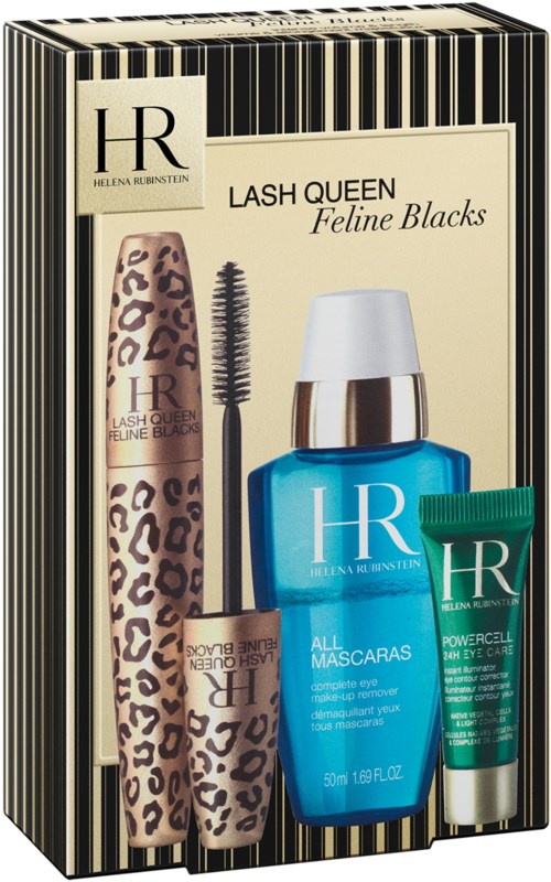 En skønhedsset med mascara, øjen gel og øjenserum i en dekorativ æske.