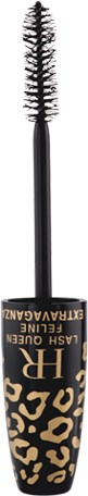 Mascara-Tube mit Leopardenmuster und schwarzem Bürstenapplikator.